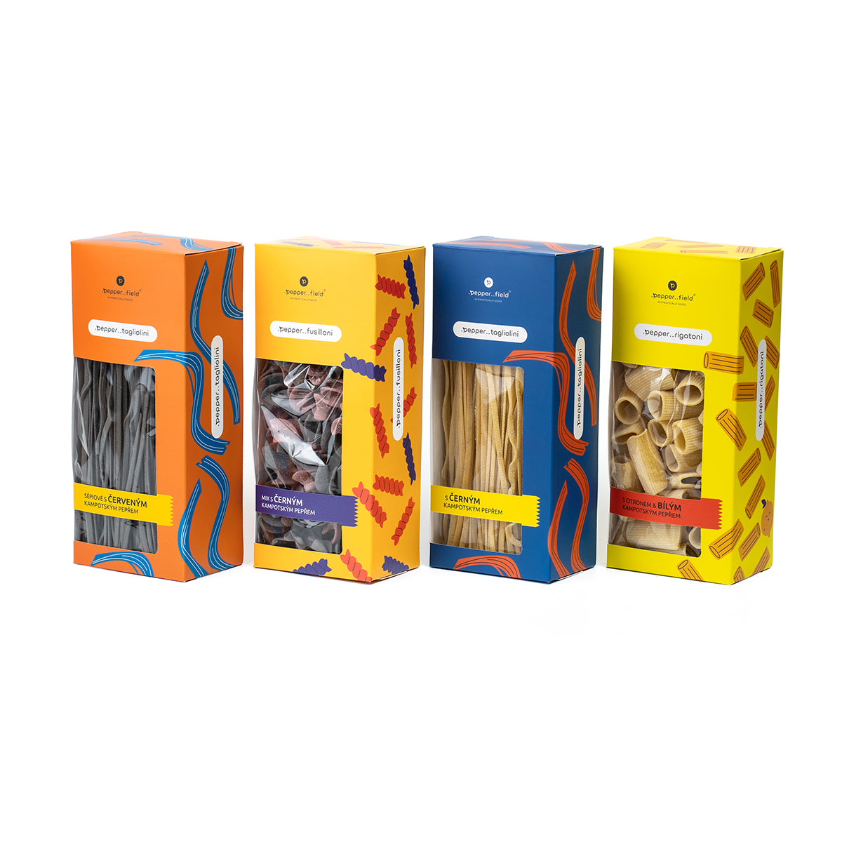 A discounted set of colored pasta with campoty pepper